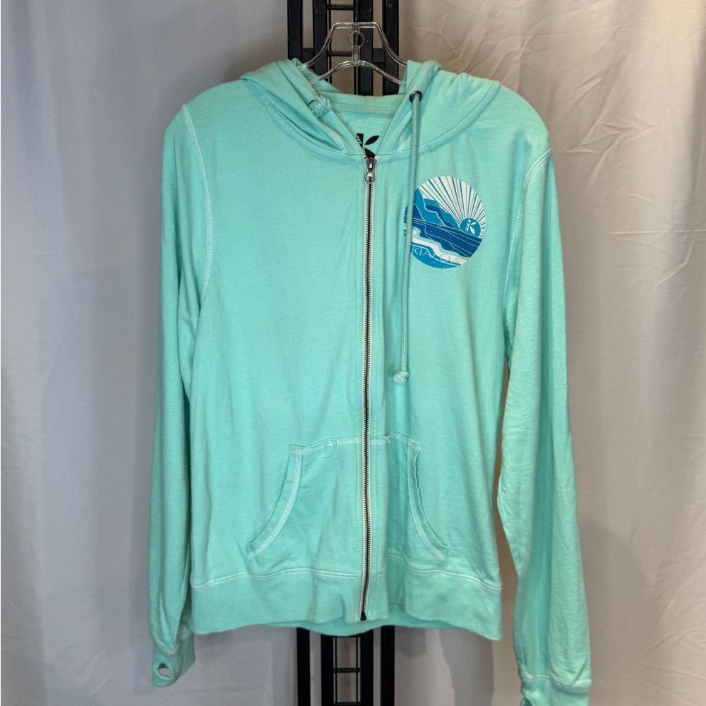 Aqua Blue Zip-Up Hoodie with‎ Wave Graphic